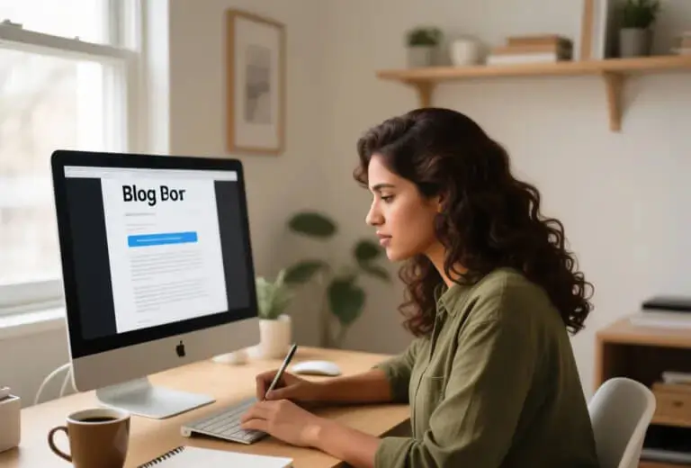 Blogger creando contenido para artículo de blog en computadora