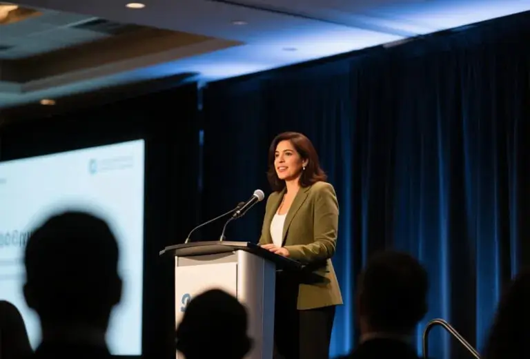Orador presentando discurso en escenario frente a audiencia