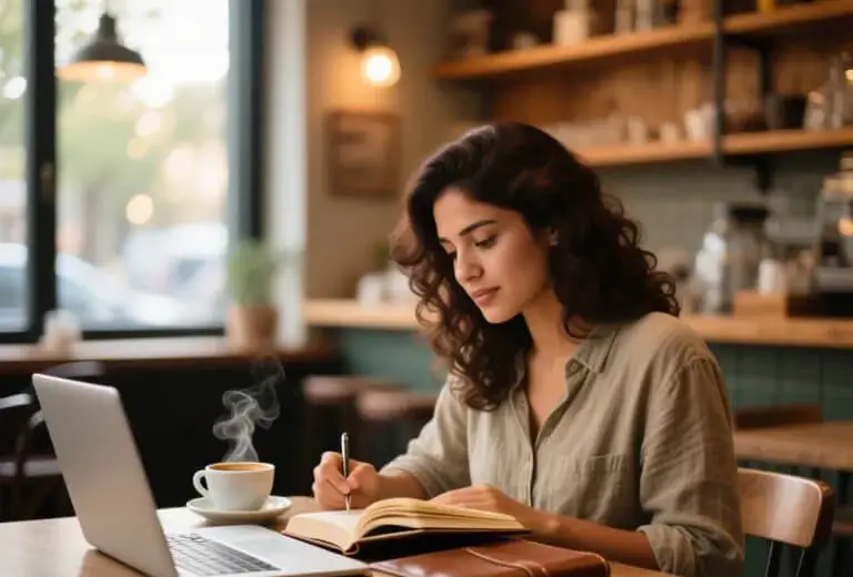 Escritor trabajando en novela creativa en cafetería