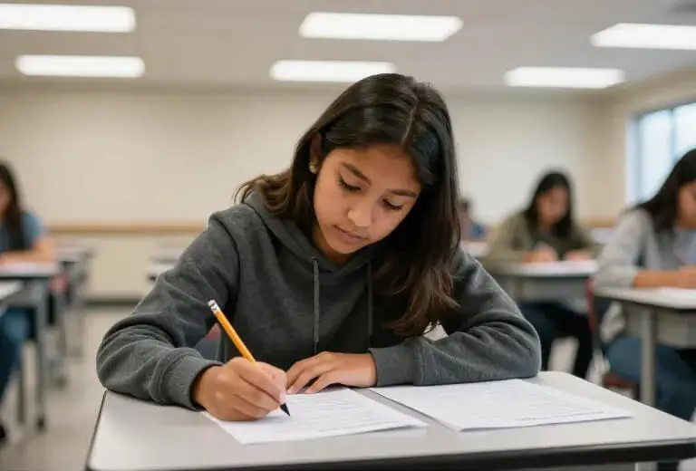 Estudiante respondiendo examen de idiomas en aula